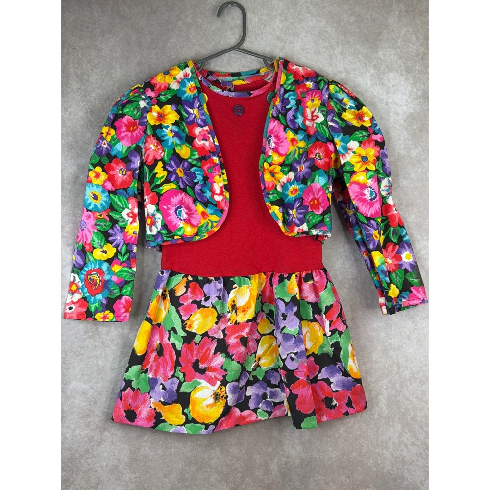 VTG 80s Kids & More Floral Dress and Bolero Jacket Set Girls 6X Red Multi-Color